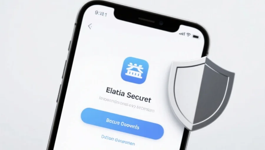 一部现代智能手机屏幕上显示联赢应用的安全下载界面,旁边有安全盾牌图标,背景简洁