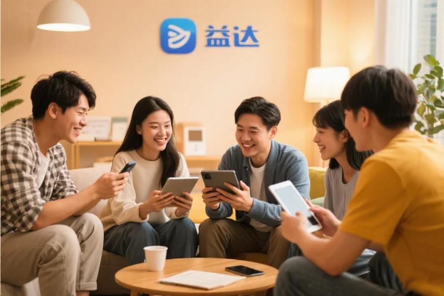 一群年轻用户围坐在一起，使用平板和手机愉快地交流，背景温馨现代，象征联赢应用的社区活跃氛围